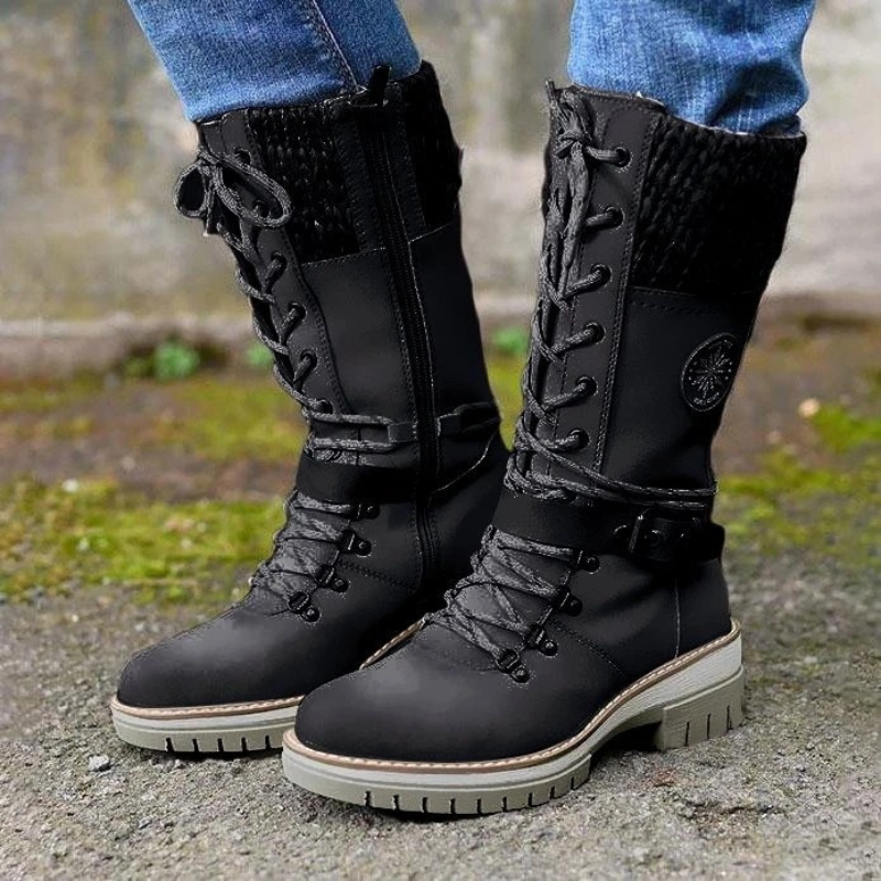 Women’s Mid-Calf Boots – Lace-Up Front – Knitted Cuff – Buckle Strap – Block Heel