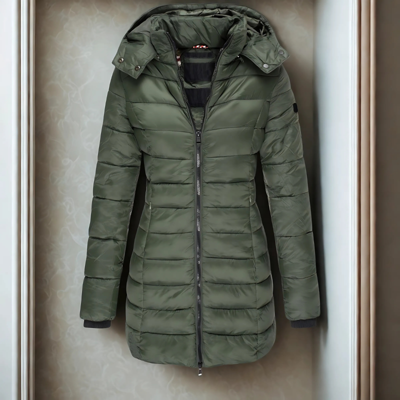 Women’s Puffer Coat – Slim Fit Quilted – Mid-Length Hooded – Wind Resistant