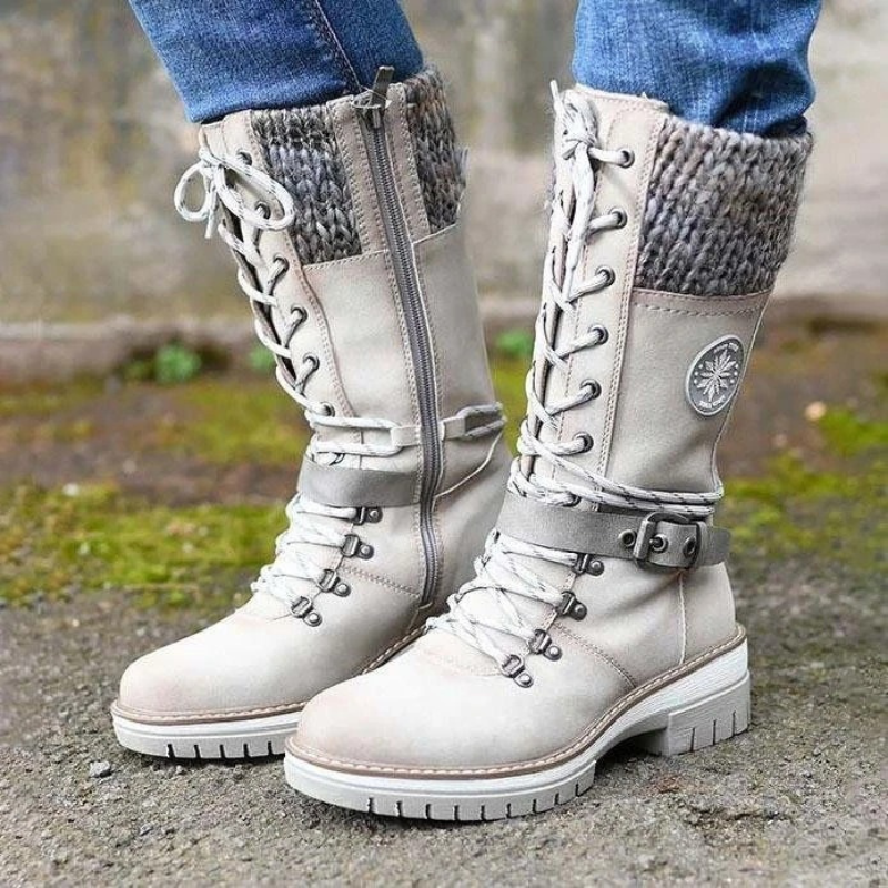 Women’s Mid-Calf Boots – Lace-Up Front – Knitted Cuff – Buckle Strap – Block Heel