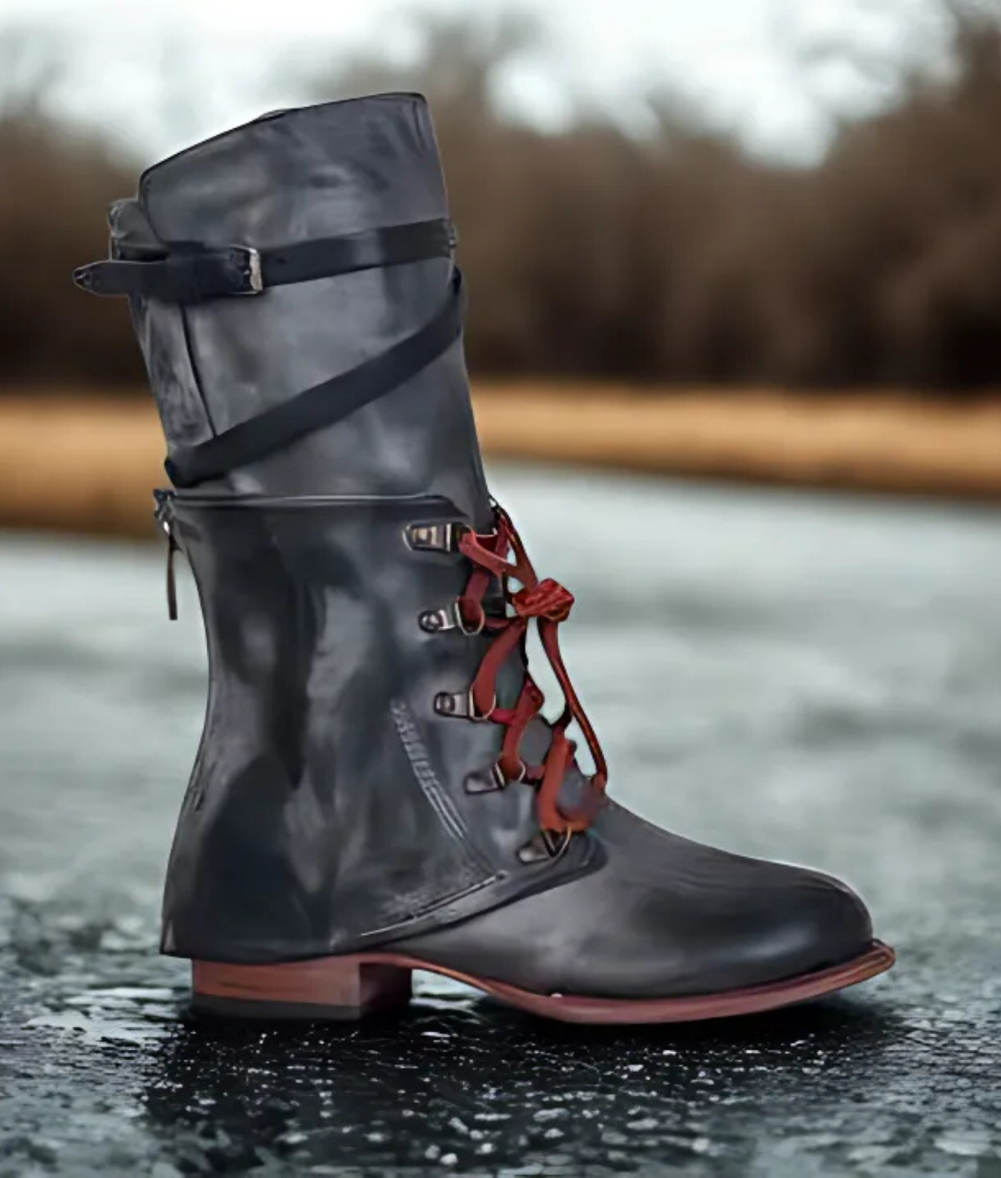 Women’s Boot - Leather - Mid-Calf Length - Lace-Up Front - Adjustable Buckle Strap