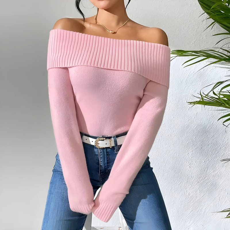 Women’s Off-Shoulder Sweatshirt – Slim Fit – Knit Fabric – Ribbed Neckline – Long Sleeve