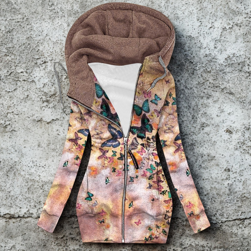 Women’s Hooded Cardigan – Slim Fit – Tunic Length – Zip Front – Heart Print – Soft Knit