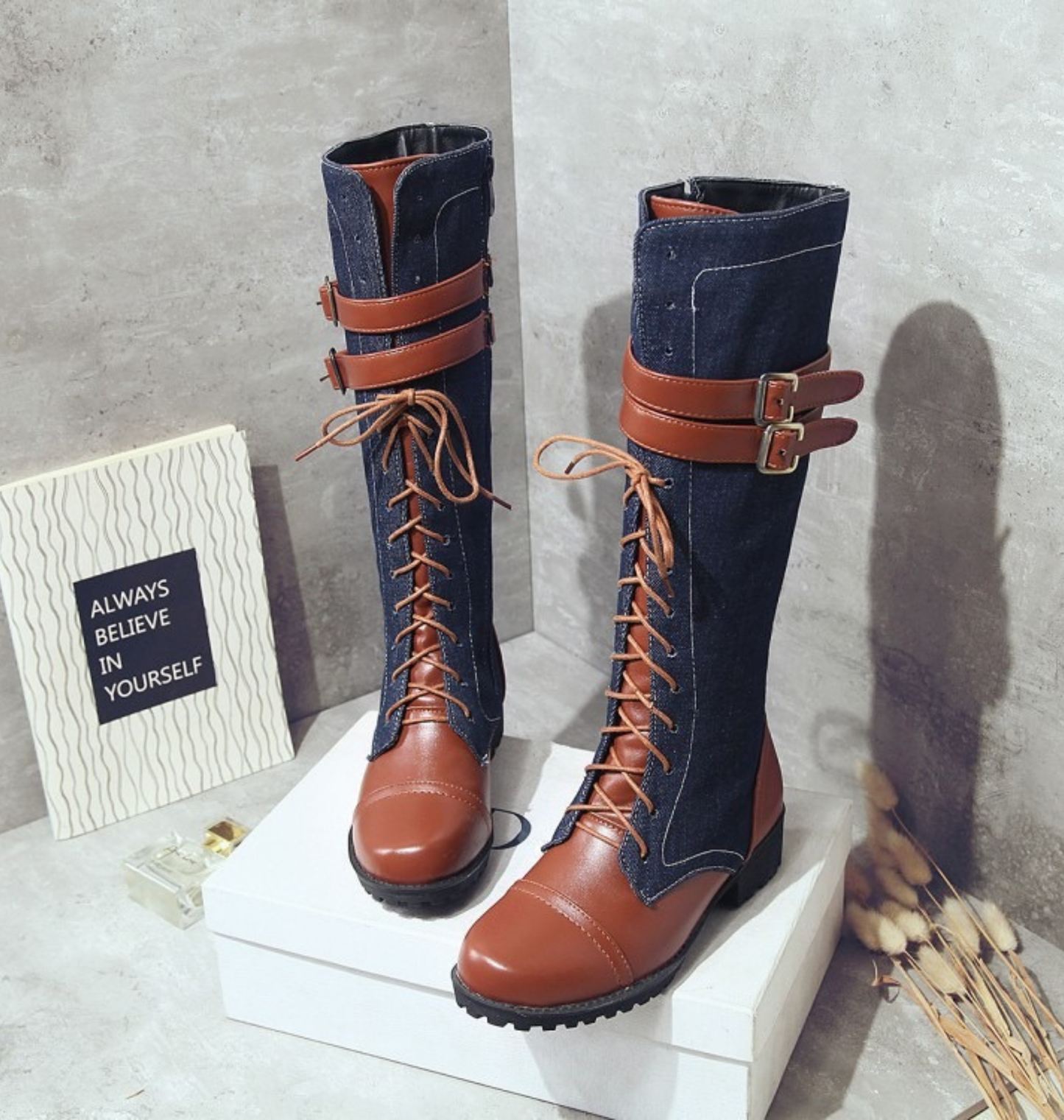 Women’s Knee-High Boots - Synthetic Leather - Lace-Up Front - Buckle Straps