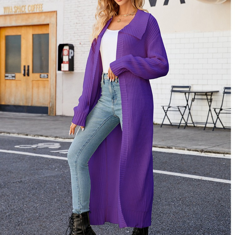 Women’s Knitted Cardigan – Loose Fit – Maxi Length – Wide Lapel – Ribbed Cuffs