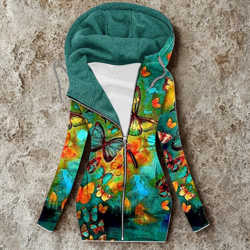 Women’s Hooded Cardigan – Slim Fit – Tunic Length – Zip Front – Heart Print – Soft Knit