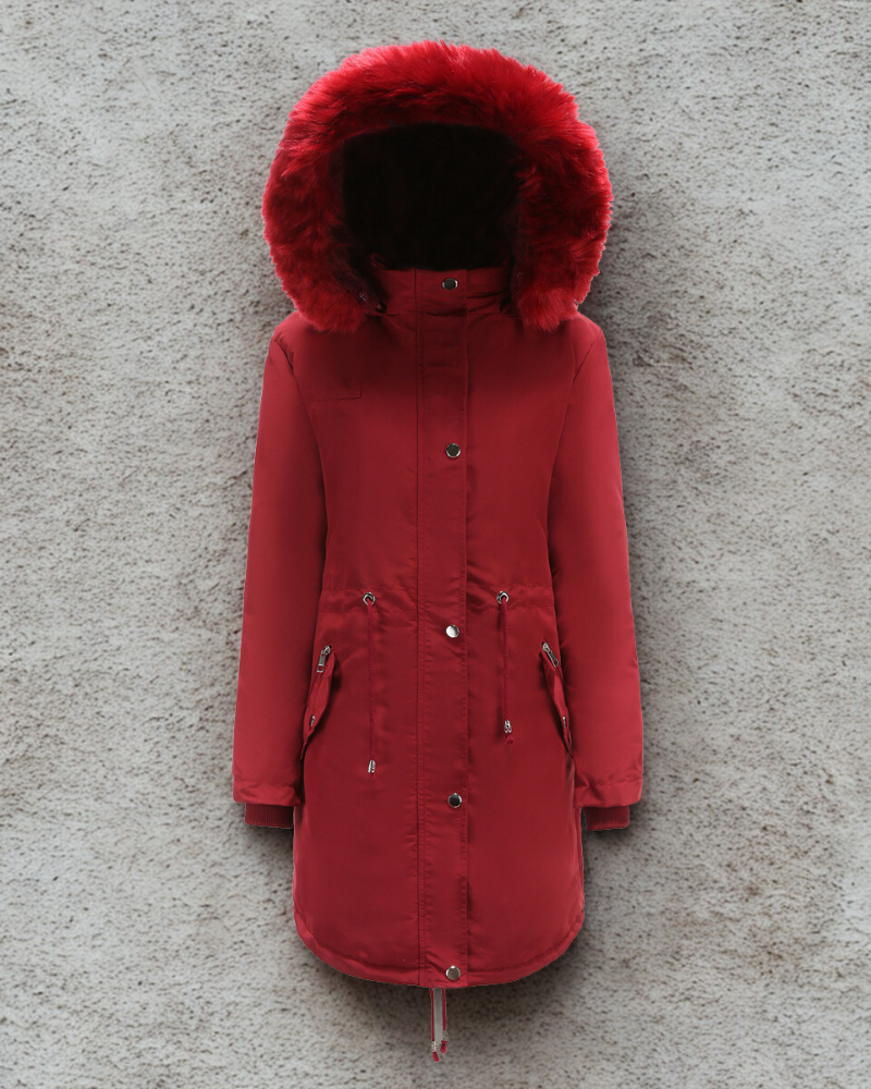 Women’s Parka Jacket – Faux Fur Hood – Mid-Thigh Length – Wind Resistant – Drawstring Waist