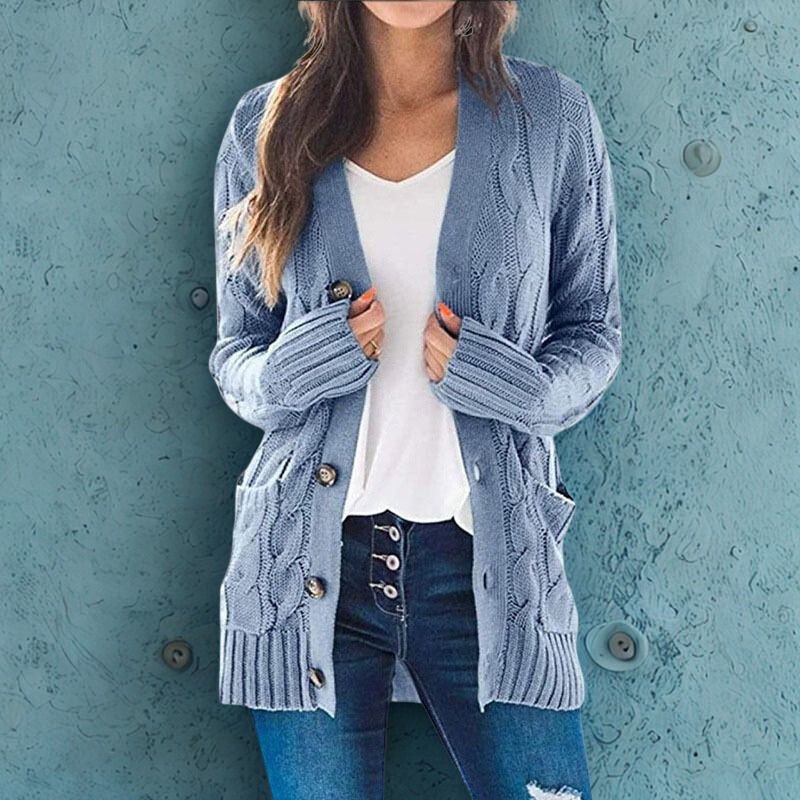 Women’s Cardigan Sweater – Wool Blend Cable Knit – Relaxed Fit – Button Front – Pockets