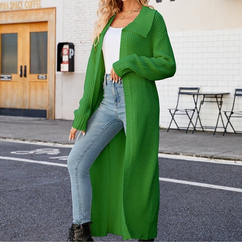 Women’s Knitted Cardigan – Loose Fit – Maxi Length – Wide Lapel – Ribbed Cuffs