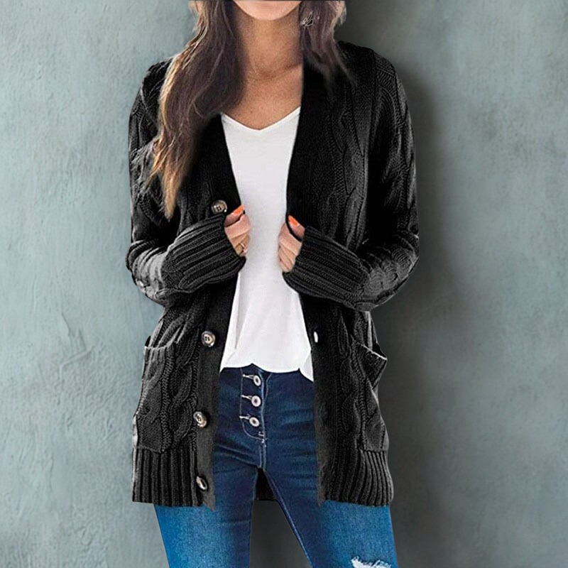 Women’s Cardigan Sweater – Wool Blend Cable Knit – Relaxed Fit – Button Front – Pockets