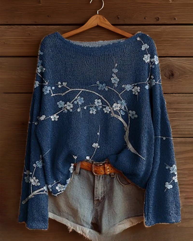 Women’s Sweatshirt - Knit - Oversized Relaxed Fit - Wide Round Neck - Long Bell Sleeves