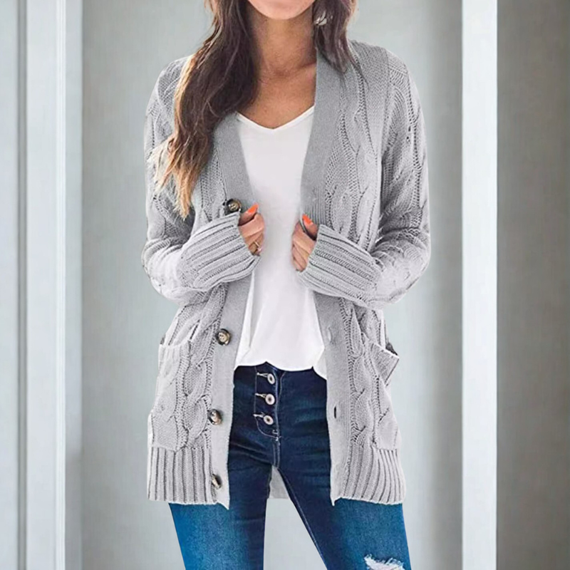 Women’s Cardigan Sweater – Wool Blend Cable Knit – Relaxed Fit – Button Front – Pockets