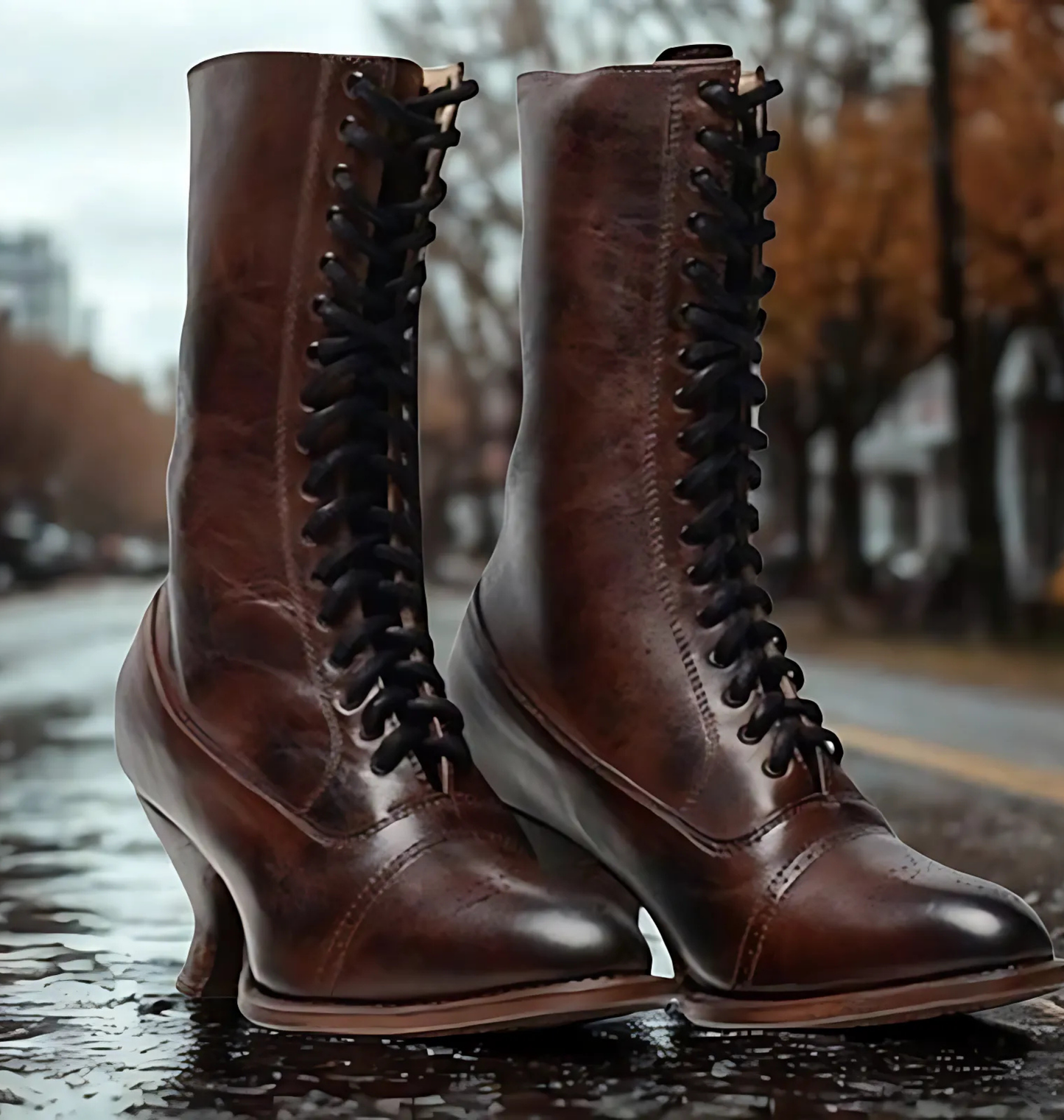 Women’s Boots - Leather - Mid-Calf Height - Lace-Up - Pointed Toe
