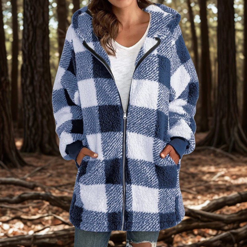Women’s Jacket - Plush Fleece - Hooded - Buffalo Check Plaid - Mid-Thigh Length
