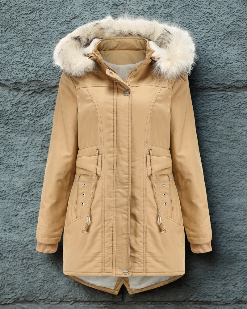Women’s Parka Jacket – Faux Fur Hood – Shearling Lined – Mid-Thigh – Drawstring Waist