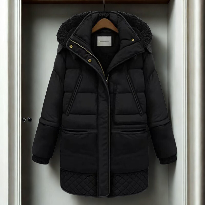 Women’s Padded Coat – Oversized Fit – Quilted Design – Plush Hood – Ribbed Cuffs