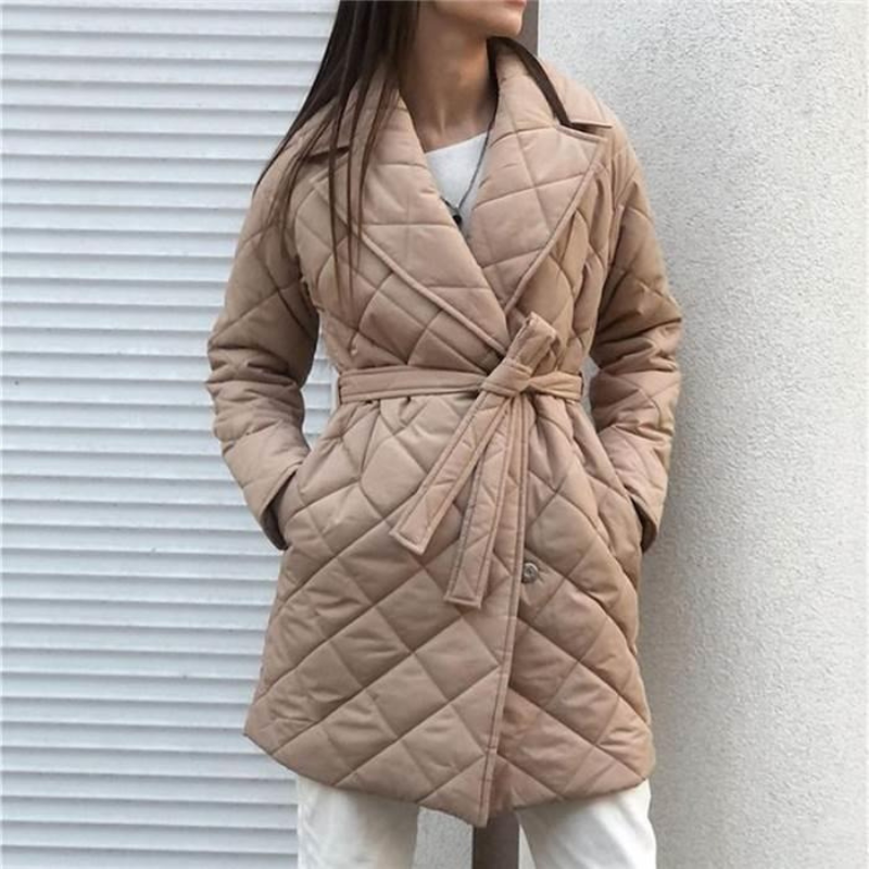 Women’s Quilted Coat – Mid-Length – Insulated Padded – Belted Waist – Notched Lapel