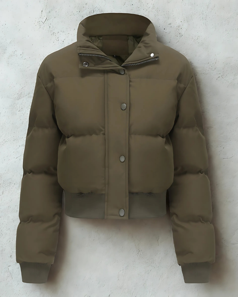 Women’s Puffer Jacket - Woven Fabric - Cropped Fit - Stand Collar - Snap Front