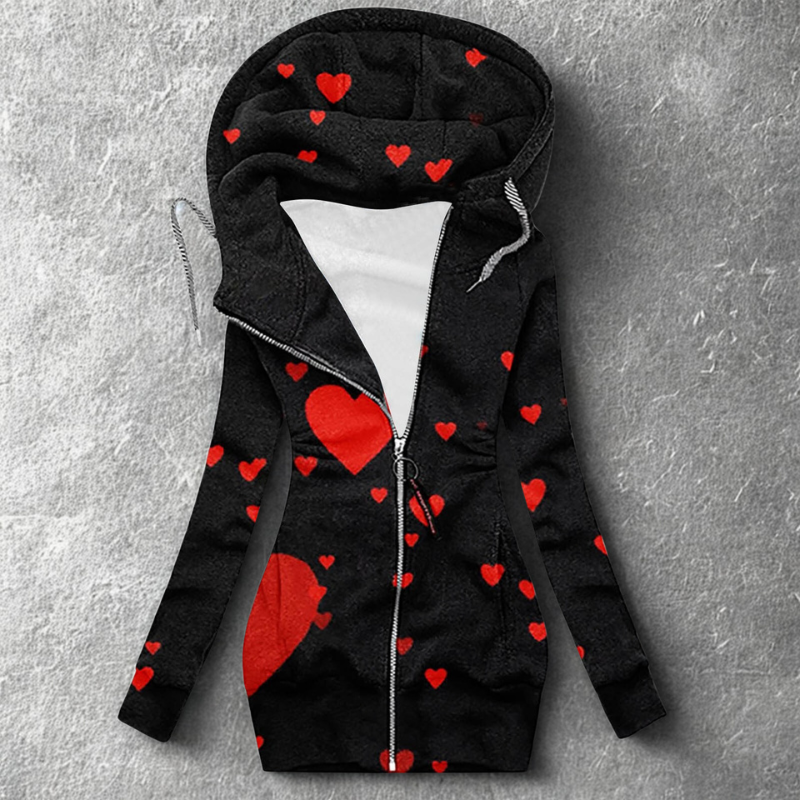 Women’s Hooded Cardigan – Slim Fit – Tunic Length – Zip Front – Heart Print – Soft Knit