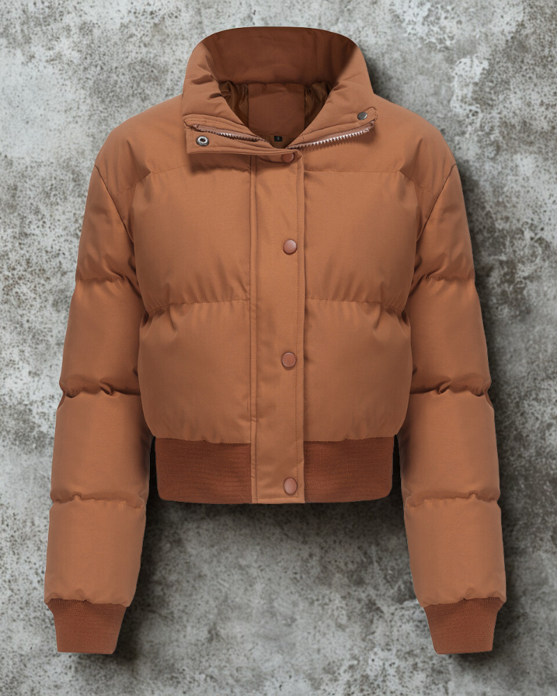 Women’s Puffer Jacket - Woven Fabric - Cropped Fit - Stand Collar - Snap Front