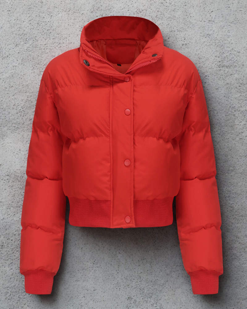Women’s Puffer Jacket - Woven Fabric - Cropped Fit - Stand Collar - Snap Front