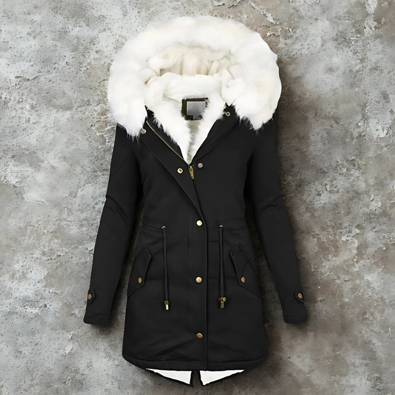 Women’s Parka Coat – Slim Fit Mid-Length – Faux Fur Hood – Weather-Resistant – Adjustable Waist