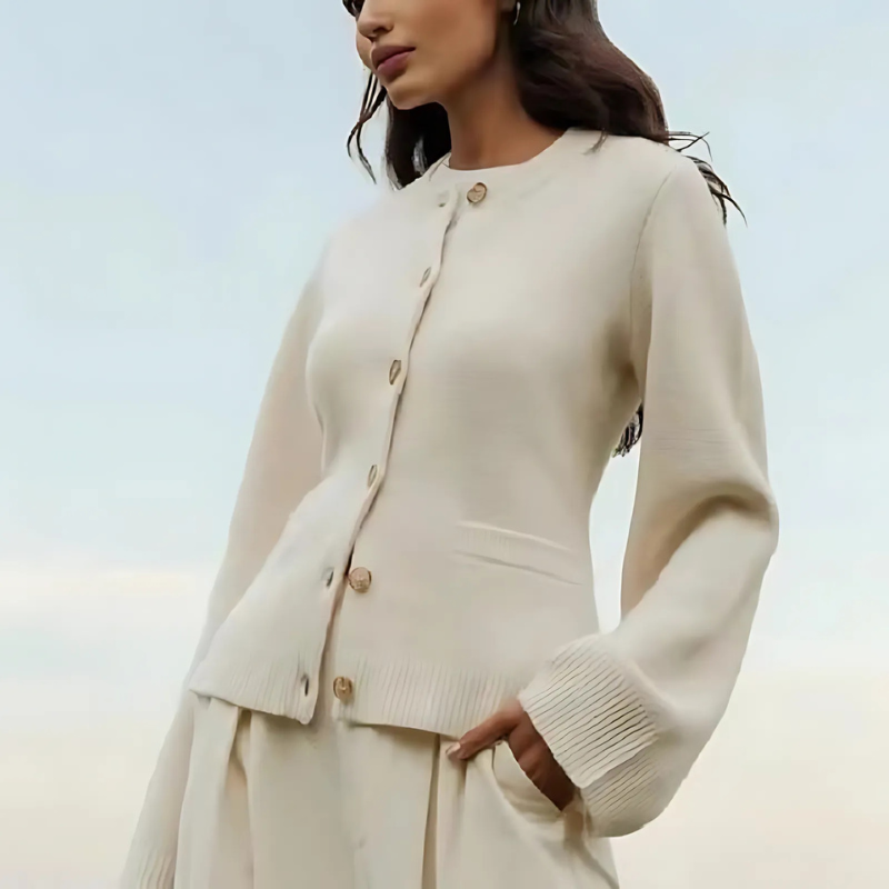 Women’s Knit Cardigan – Slim Fit – Round Neck – Button Front – Ribbed Trim – Patch Pocket