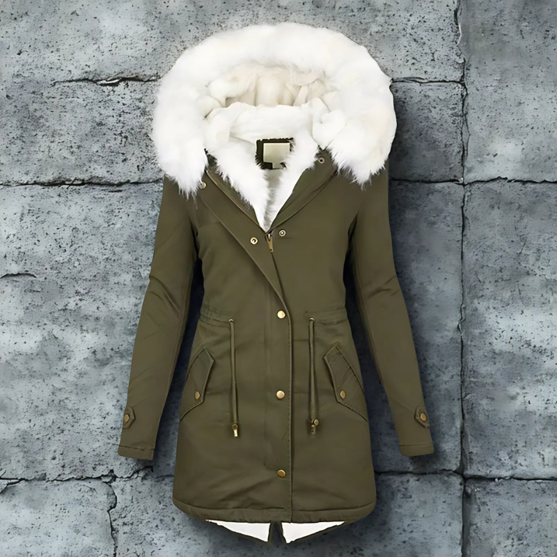 Women’s Parka Coat – Slim Fit Mid-Length – Faux Fur Hood – Weather-Resistant – Adjustable Waist