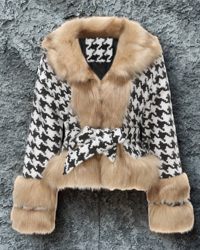 Women’s Short Coat – Houndstooth Pattern – Fur Trim – Belted Waist – Quilted Lining