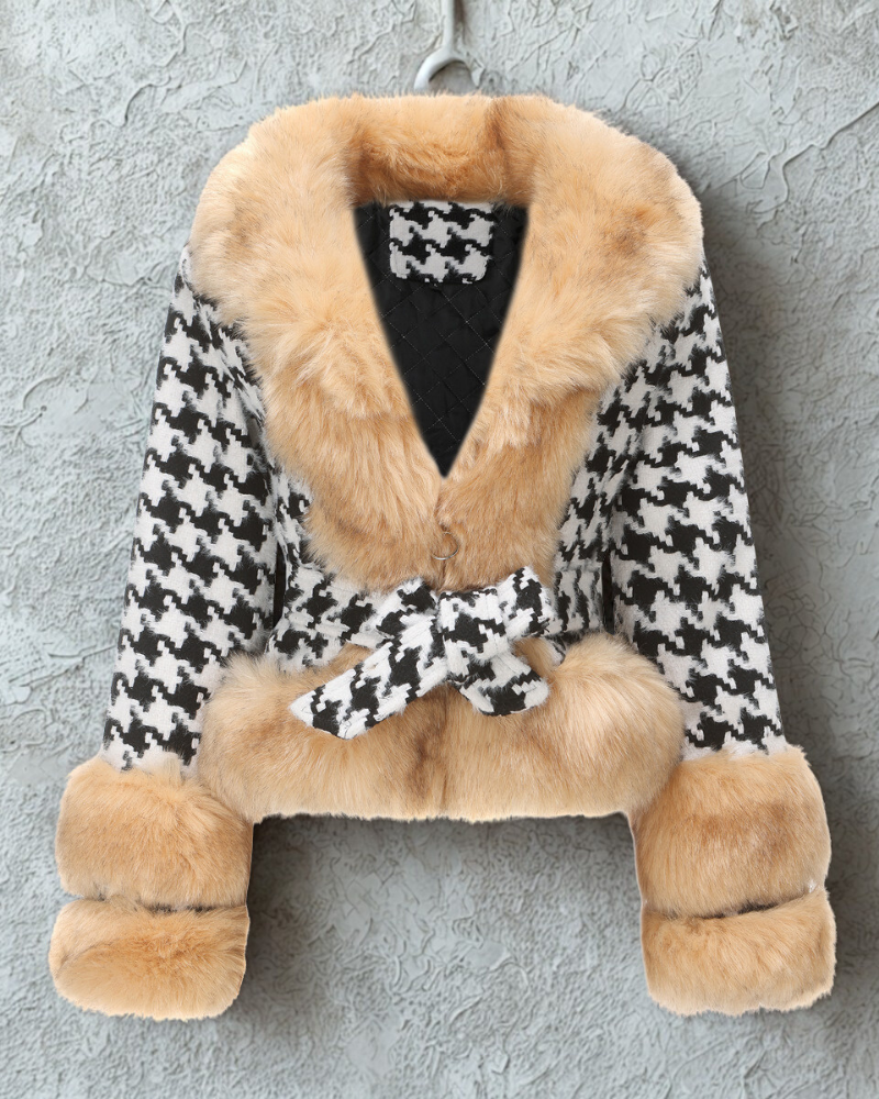 Women’s Short Coat – Houndstooth Pattern – Fur Trim – Belted Waist – Quilted Lining