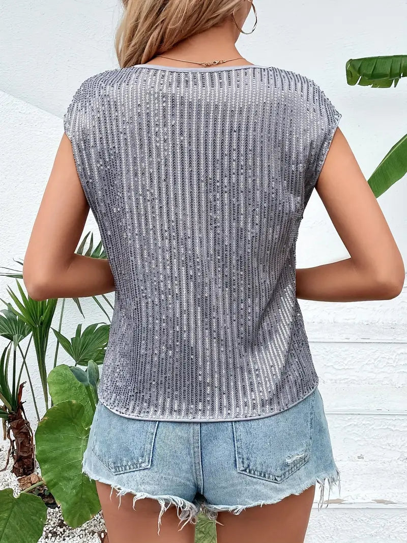 Sleeveless glitter embellished crew-neck casual top for women