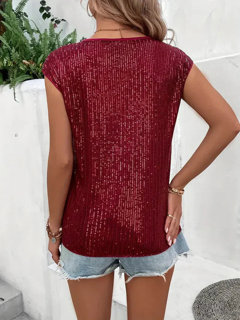 Sleeveless glitter embellished crew-neck casual top for women