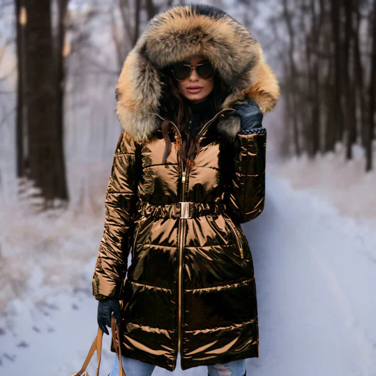 Women's shiny jacket with hood and zip closure