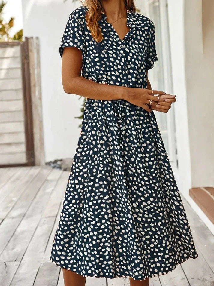 Women’s Midi Dress – Relaxed Fit – Button-Down – Short Sleeve – Breathable Blend – Cinched Waist