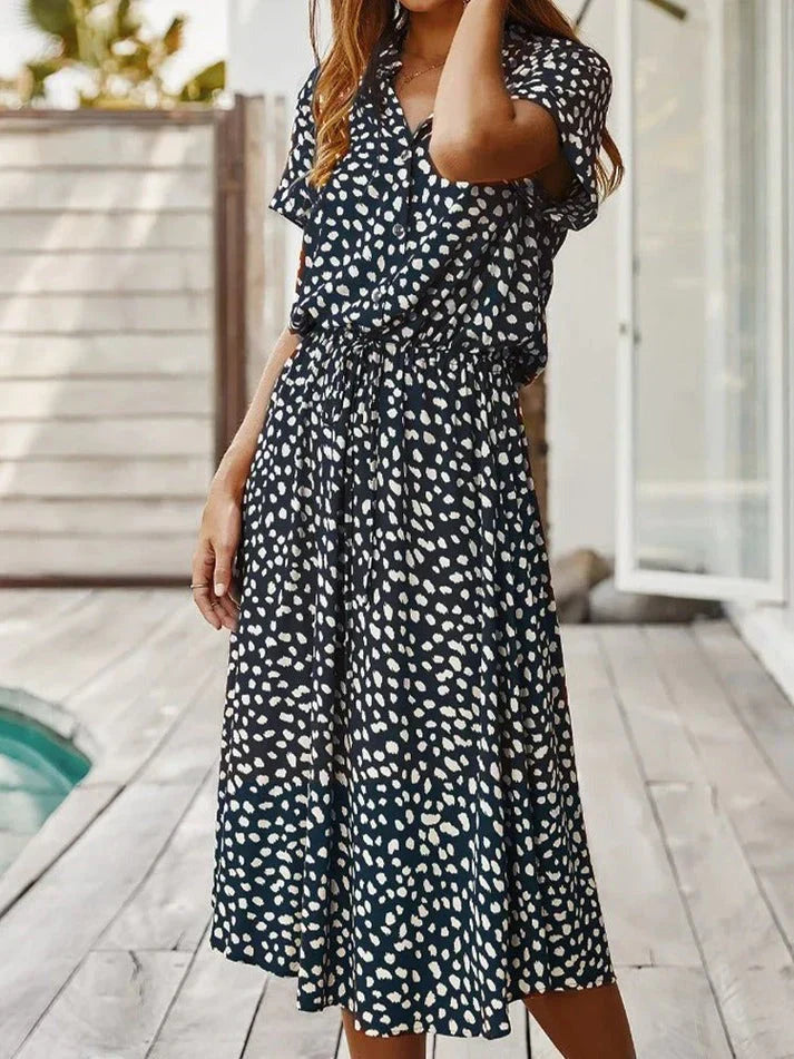 Women’s Midi Dress – Relaxed Fit – Button-Down – Short Sleeve – Breathable Blend – Cinched Waist