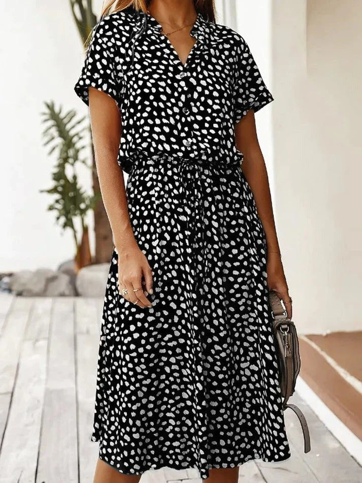 Women’s Midi Dress – Relaxed Fit – Button-Down – Short Sleeve – Breathable Blend – Cinched Waist