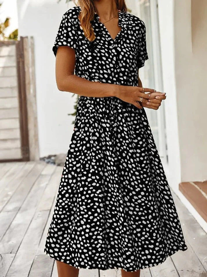 Women’s Midi Dress – Relaxed Fit – Button-Down – Short Sleeve – Breathable Blend – Cinched Waist