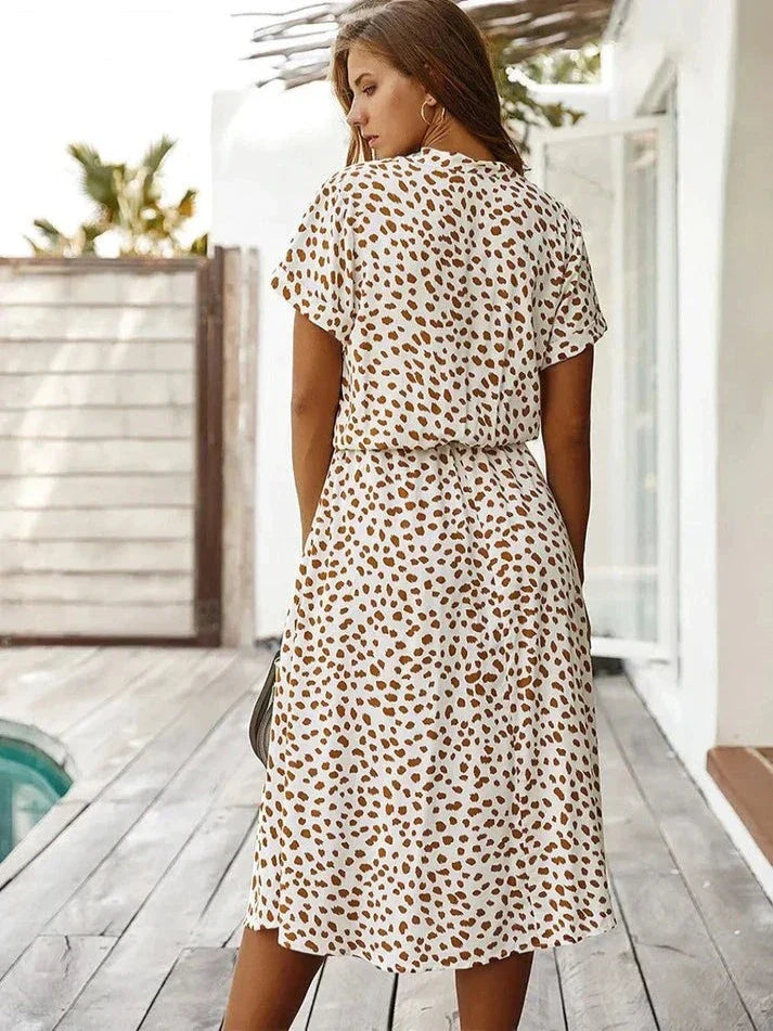 Women’s Midi Dress – Relaxed Fit – Button-Down – Short Sleeve – Breathable Blend – Cinched Waist