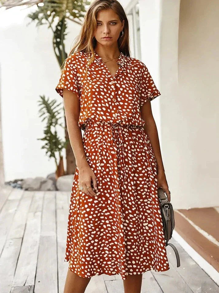 Women’s Midi Dress – Relaxed Fit – Button-Down – Short Sleeve – Breathable Blend – Cinched Waist
