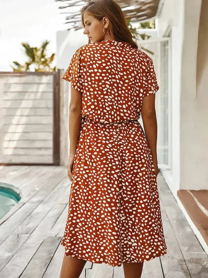 Women’s Midi Dress – Relaxed Fit – Button-Down – Short Sleeve – Breathable Blend – Cinched Waist