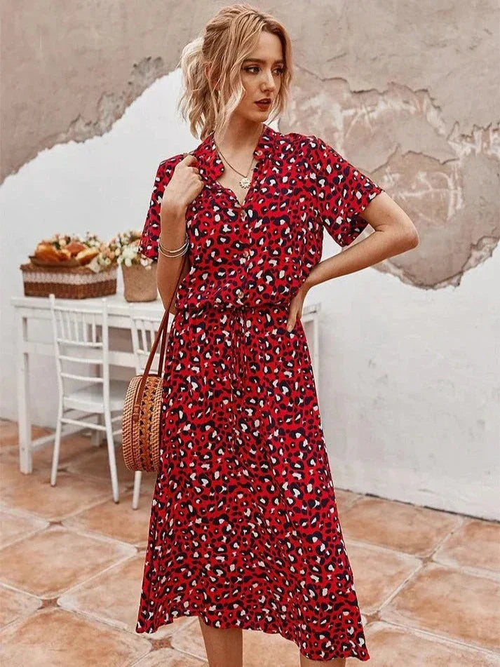 Women’s Midi Dress – Relaxed Fit – Button-Down – Short Sleeve – Breathable Blend – Cinched Waist