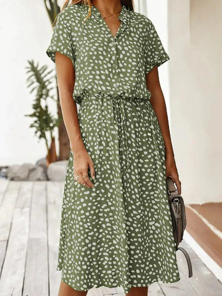 Women’s Midi Dress – Relaxed Fit – Button-Down – Short Sleeve – Breathable Blend – Cinched Waist