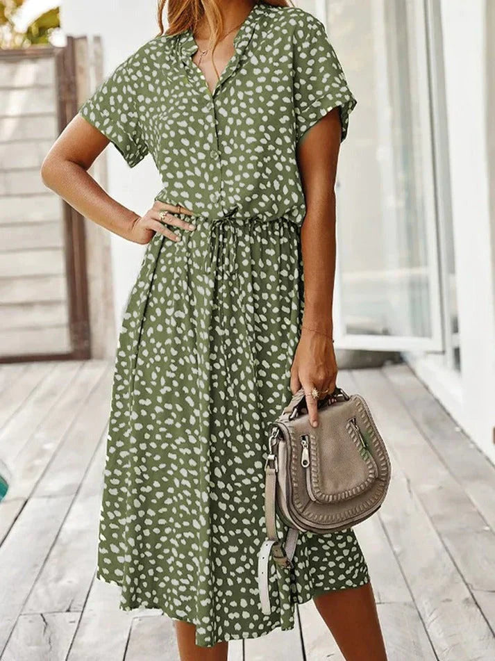 Women’s Midi Dress – Relaxed Fit – Button-Down – Short Sleeve – Breathable Blend – Cinched Waist