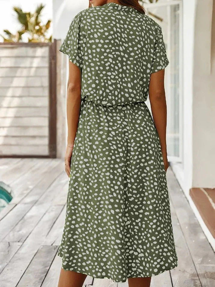 Women’s Midi Dress – Relaxed Fit – Button-Down – Short Sleeve – Breathable Blend – Cinched Waist