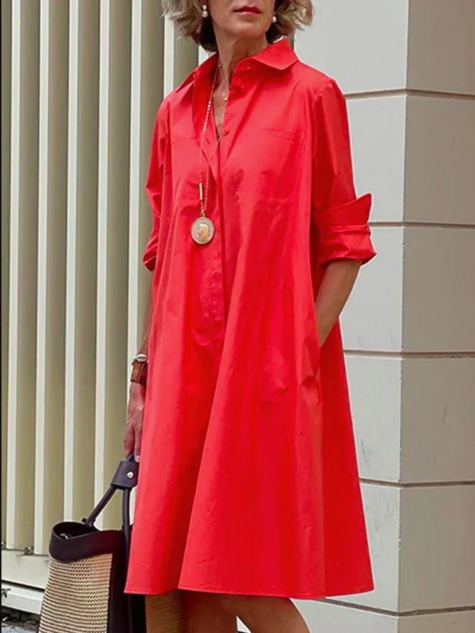 Women's Shirtdress - Button-Up Knee-Length - A-Line Loose Fit - 3/4 Sleeve with Pockets