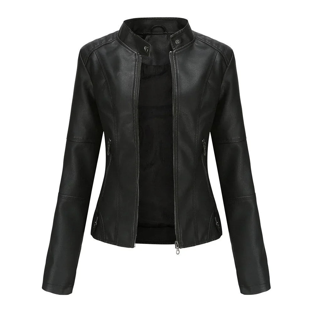 Zipper Closure PU Leather Jacket with Stand Collar
