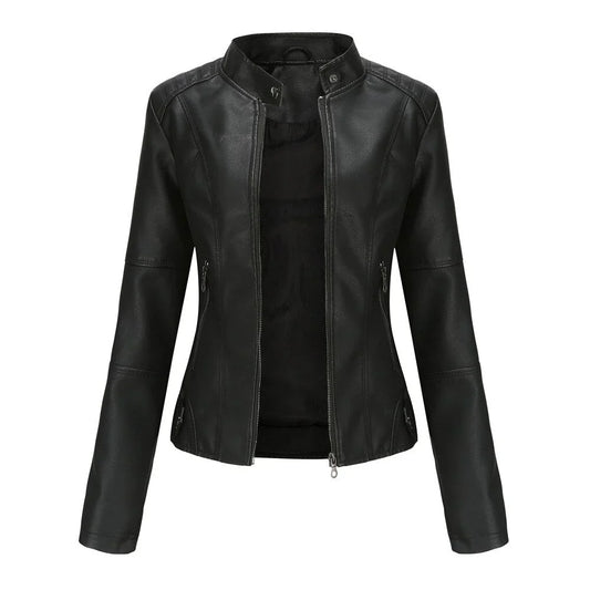 Zipper Closure PU Leather Jacket with Stand Collar