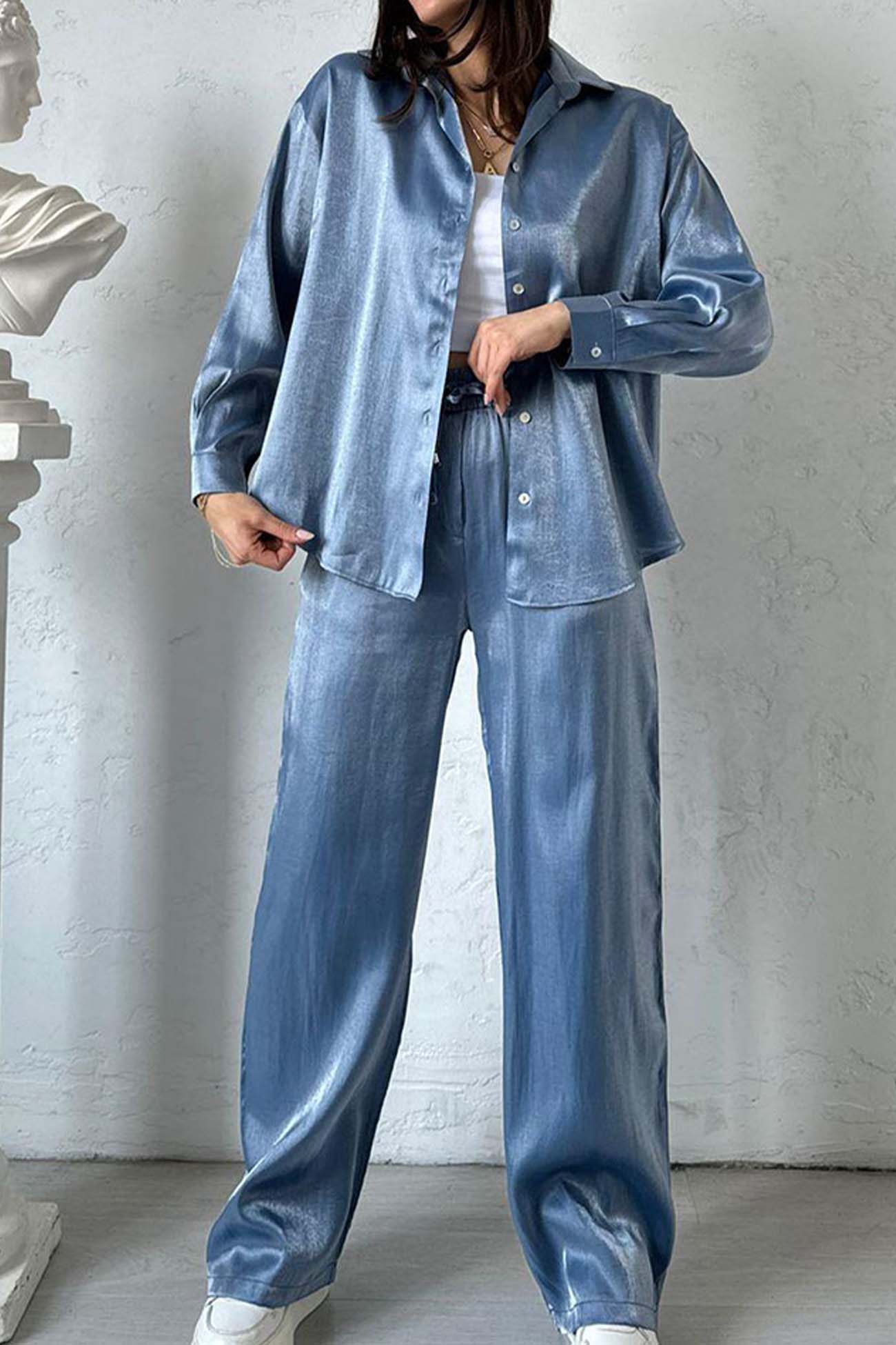 Women’s Loungewear Set – Satin Feel – Relaxed Fit – Button Down Top & Wide Leg Pants