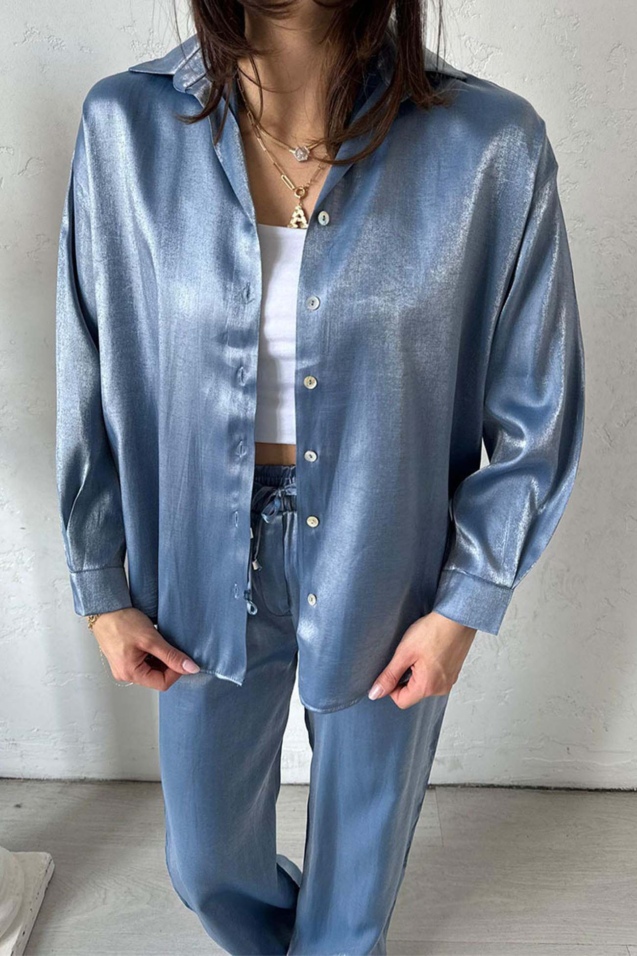 Women’s Loungewear Set – Satin Feel – Relaxed Fit – Button Down Top & Wide Leg Pants