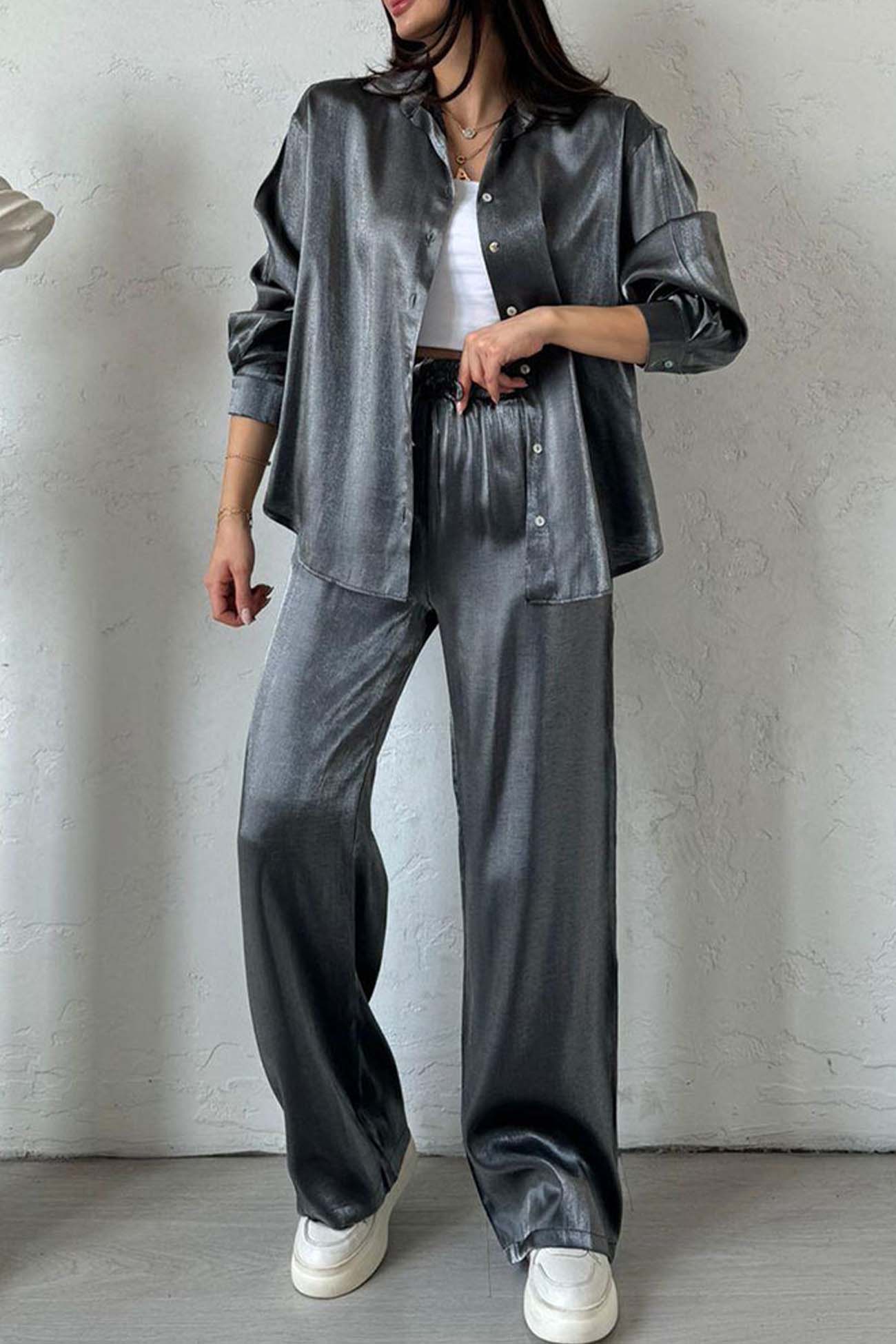 Women’s Loungewear Set – Satin Feel – Relaxed Fit – Button Down Top & Wide Leg Pants
