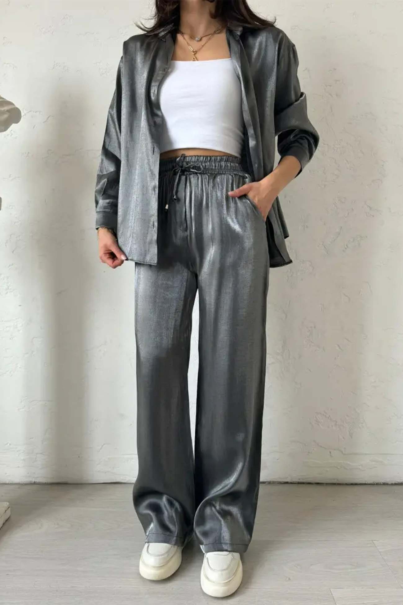 Women’s Loungewear Set – Satin Feel – Relaxed Fit – Button Down Top & Wide Leg Pants